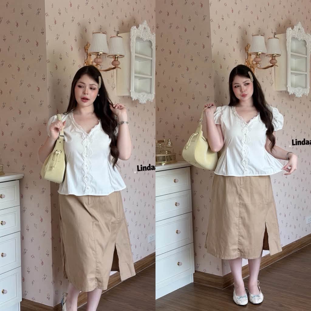 ชุดเซตเสื้อขาวกระโปรงเบจในห้องโทนอุ่น
