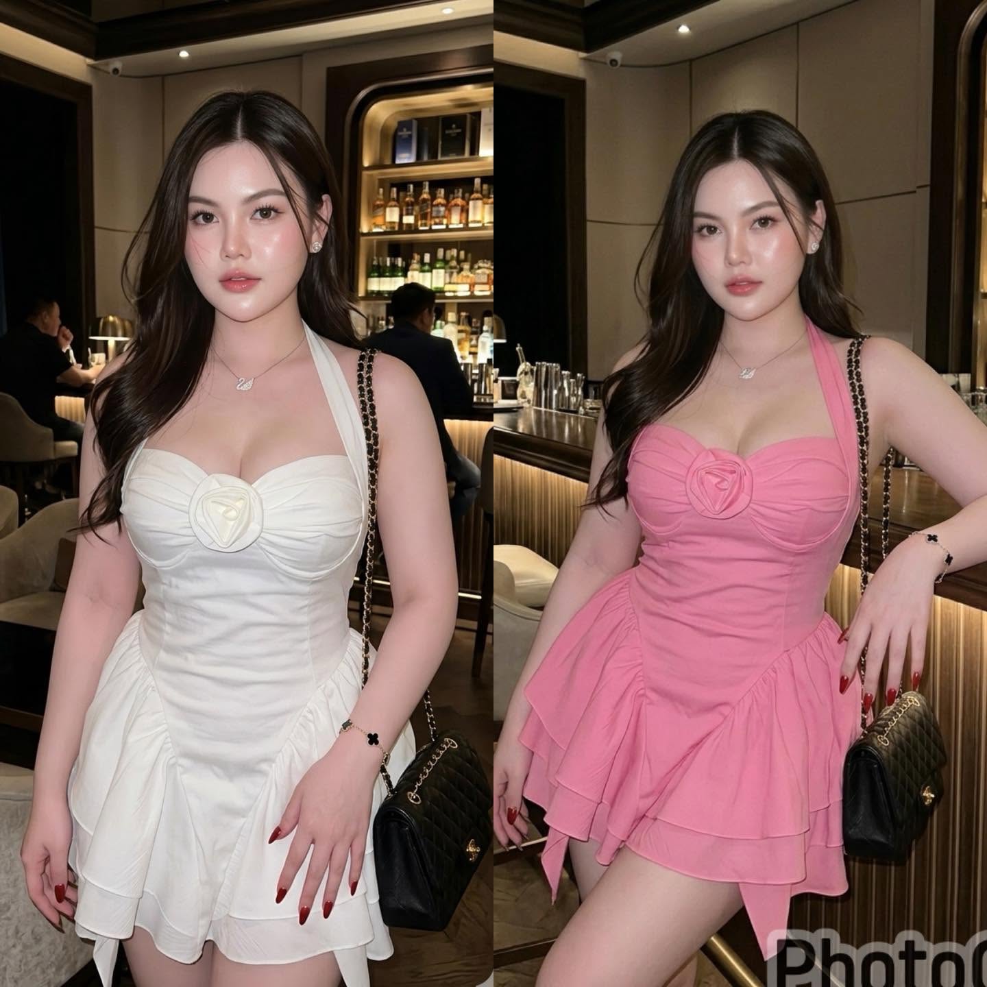 เดรสคล้องคอดอกกุหลาบสีขาวและสีชมพูจากคอลเลกชัน ChonNa
